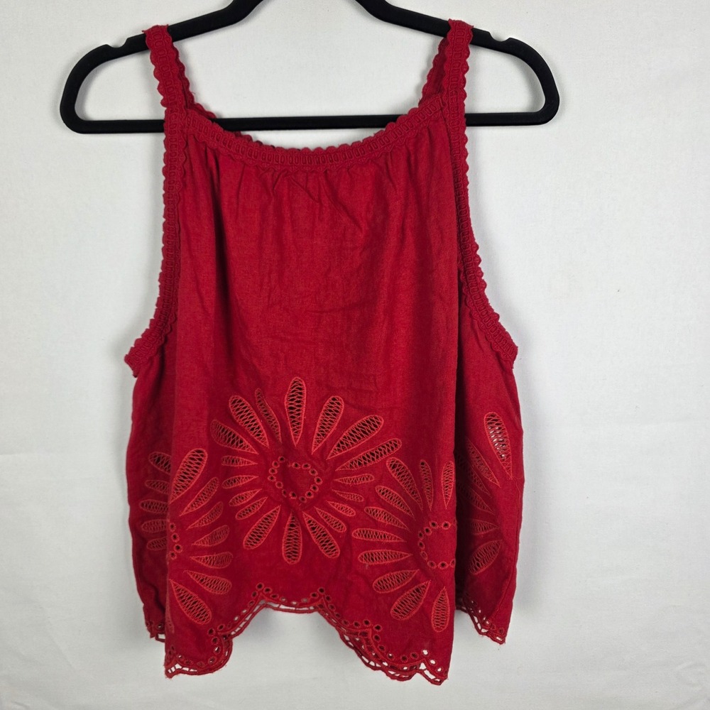 Joie Red Linen Blend Floral Eyelet Embroidered Scalloped Tank Top XL